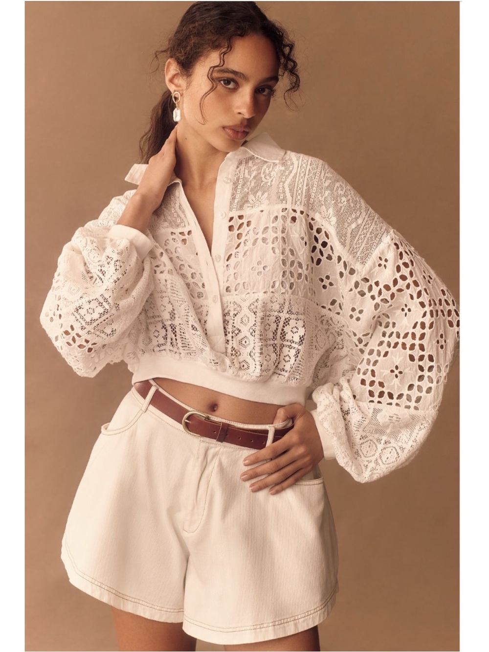 Anthropologie White Eyelet Cropped Button-Front Top